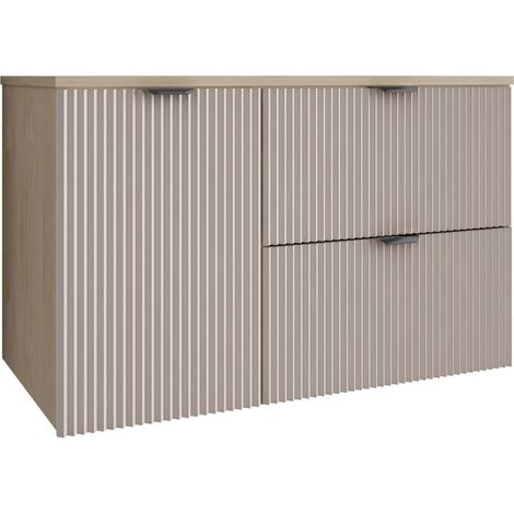 Mobile da bagno con frontale scanalato 100 cm (60+40) con cesto portabiancheria, noce chiaro (MDF), frontale cashmere, maniglia nera, 100 x 47 x 60 cm (1/5)