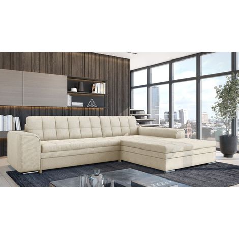 Ecksofa Schlafsofa Sofa LUSAKA in Stoff Lincoln Creme Ottomane Rechts