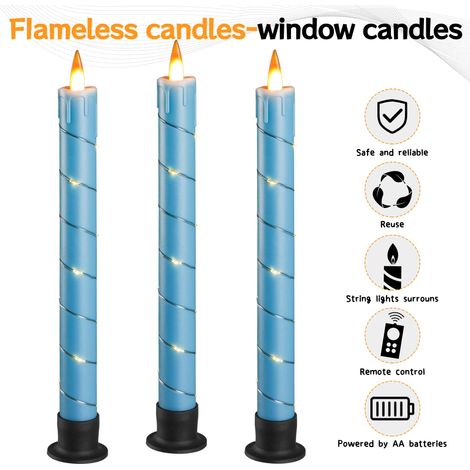Set di 3 candele a cono tremolanti, senza fiamma, a batteria, con telecomando e display LED dinamico 3D - 24 cm - Per matrimoni, feste e decorazioni per la casa - Blu (1/4)