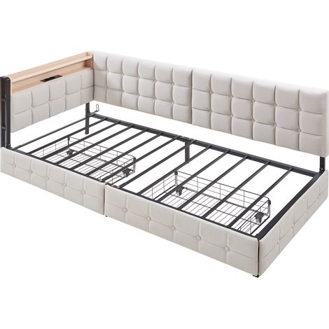 Canapé-lit rembourré 90 x 200, lit rembourré avec 2 tiroirs et lampe de chevet LED, ports USB et Type-C, lit bateau multifonction pour enfant, canapé-lit une place beige (1/5)