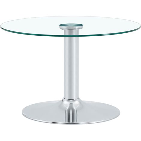 Mesa de centro redonda de vidrio templado 70 cm con estructura metálica, color plateado (1/5)