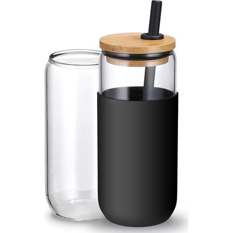 Gobelet en verre avec manchon en silicone - Gobelet en verre en forme de canette de bière avec paille et couvercle en bambou, idéal pour le café glacé, les smoothies, le thé boba, ou comme idée cadeau