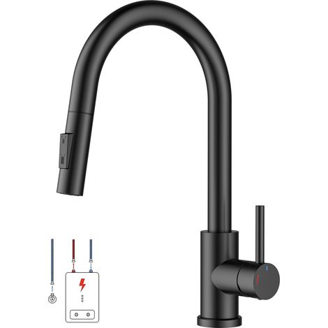 Mitigeur Cuisine Basse Pression, Robinet Cuisine Extensible, Mitigeur Monocommande Eau Chaude Et Froide, Compatible Avec Chaudière Et Appareils Sous Évier, Noir Mat (1/5)