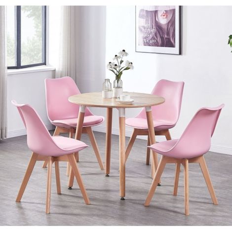 Ensemble de salle à manger rond – Table en bois de chêne 80x80cm – 4 chaises rembourrées en polypropylène rose – Style rétro scandinave – Life Interiors