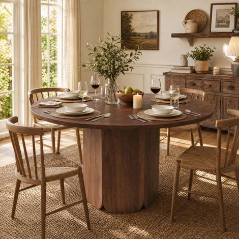 Tavolo da pranzo rotondo 120 cm per 4-6 persone, stile scandinavo, MDF, colore noce, OKWISH (1/5)
