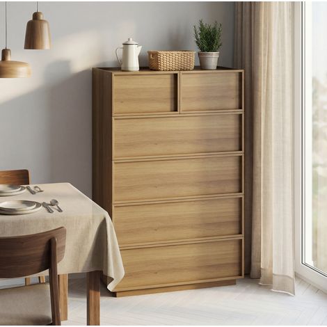 Kommode mit 6 Schubladen aus Holz, modernes Aufbewahrungsmöbel, Eiche, 80 x 48 x 127,5 cm (1/5)