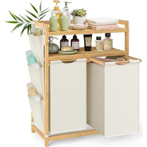 Panier à Linge, avec 2 Compartiments, Corbeille à Linge Sale, en Bambou, Capacité de 100 Litres, avec Étagère, Poches Latérales, 2 x 50 L, 63 x 33 x 98 cm, Blanc Crème RLH200W01 (1/5)
