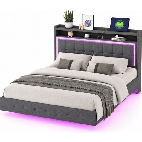 Cama Doble Tapizada 140 x 200 cm de Lino Gris con USB y LED, sin Colchón (1/5)