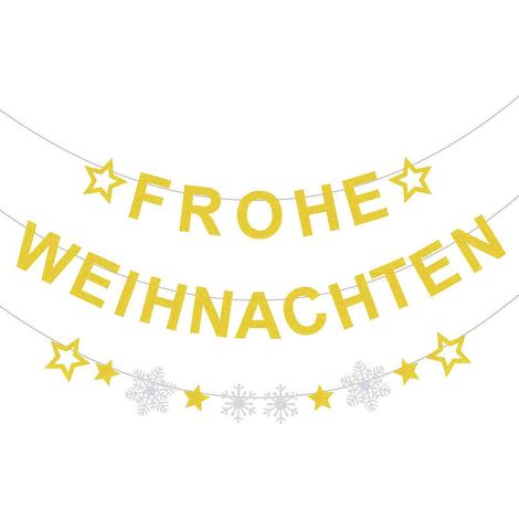 Weihnachts Girlande "Frohe Weihnachten" mit Sternen & Schneeflocken, Gold Glitzer