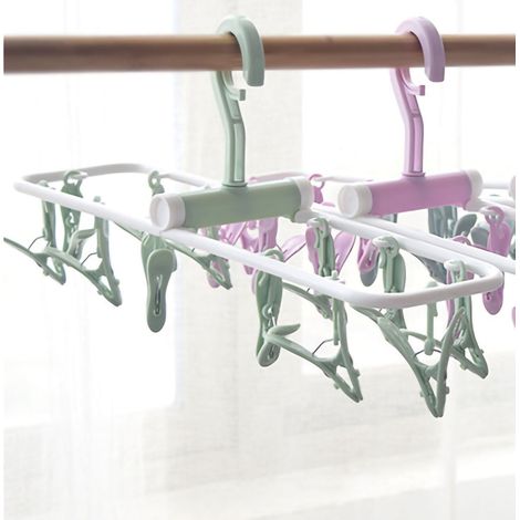 Séchoir à linge pliable en plastique, coupe-vent et antidérapant, avec 12 pinces, pour sous-vêtements et chaussettes, vert nordique. (1/5)