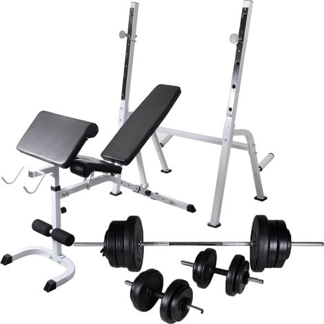 Hantelbank mit Ablage, Langhantel und Kurzhantel Set 60,5 kg