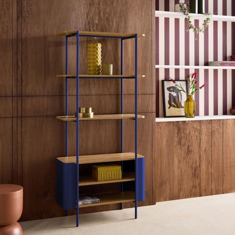 Etagère bibliothèque métal courbé et décor bois 6 niveaux bleu - Molto (1/5)