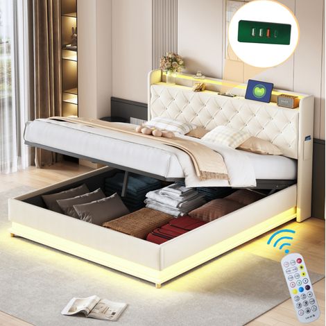 Bett Polsterbett Stauraum 160x200 mit USB LED Beige OKMYHOME (1/5)