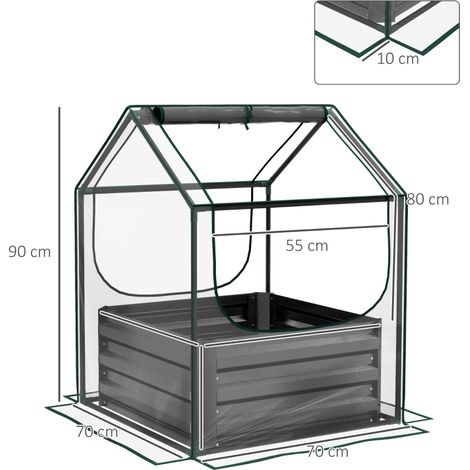 Carré potager de jardin avec mini serre, jardinière surélevée en acier galvanisé, 70 x 70 x 90 cm, gris foncé (1/4)