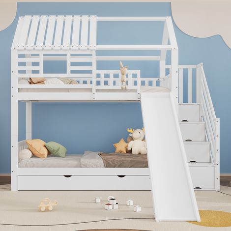 Lit cabane superposé 90x200cm x2 blanc, toboggan et escalier avec rangement, structure en pin et MDF, barres anti-chute et tiroirs