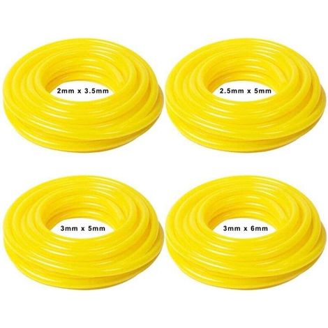 Set mit 4 PVC-Kraftstoffschläuchen, je 1,5 m lang. Abmessungen (Innendurchmesser x Außendurchmesser): 2,5 x 5 mm, 3 x 5 mm, 2 x 3,5 mm, 3 x 6 mm (1/4)