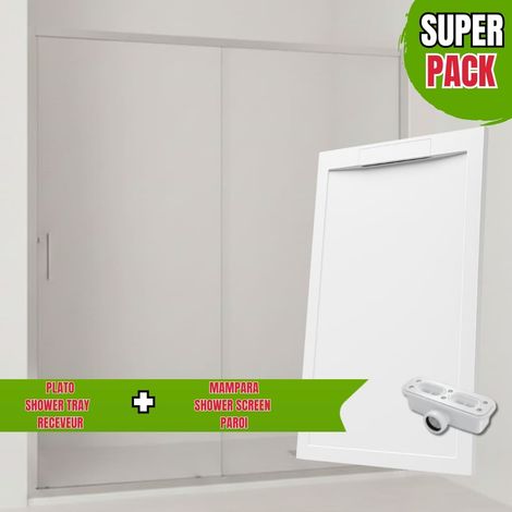 Pack paroi de douche frontale coulissante + fixe avec profil inférieur / Chrome 130 cm et receveur blanc incassable antidérapant 130x80cm (1/5)