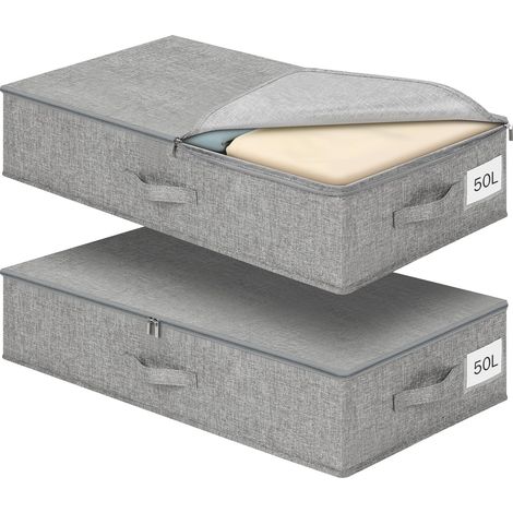 Rangement sous lit Pliable 50L de 2, Sac de Stockage avec Couvercle, Caisse à Ranger pour Linge Zip Double Sens, Drap Lit et Chaussures, Poignées Renforcées, Anti-Humide (1/5)