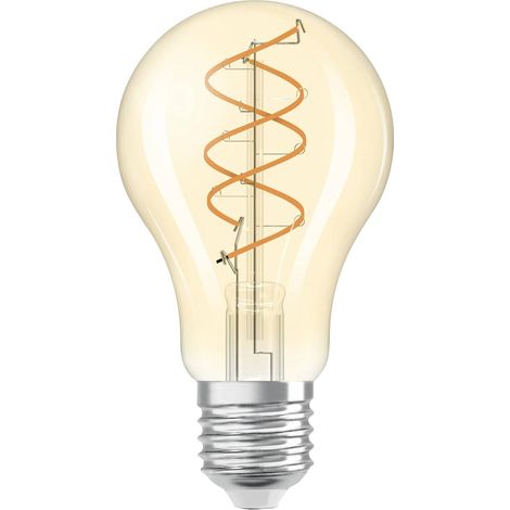 OSRAM Vintage 1906 Classic is a warm white, dimmable piston-shaped LED bulb with a spiral filament. It offers 8 W for 806 lm, E27 socket, gold-coloured glass, 60 mm diameter, 2,200 K. (1/5)