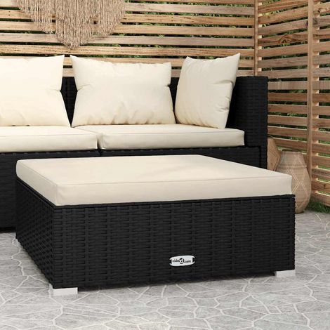 Repose-pied de jardin en résine tressée – Noir avec coussin crème – 70x70x30 cm – Ottoman modulable extérieur/intérieur (1/5)