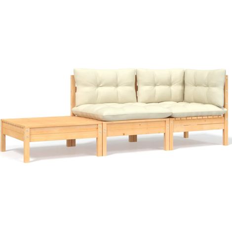 Salon de jardin 3 pcs,Mobilier de terrasse,Table et Chaise pour Relax avec coussins crème Bois de pin massif -YZ967055 (1/5)