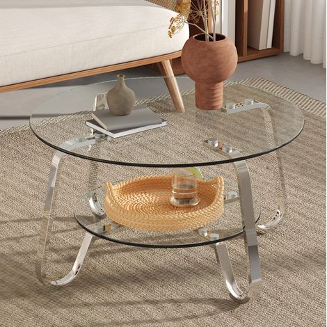Tavolino da caffè rotondo 90.5x89x10.5 cm, a due ripiani, vetro e metallo, colore argento (1/5)