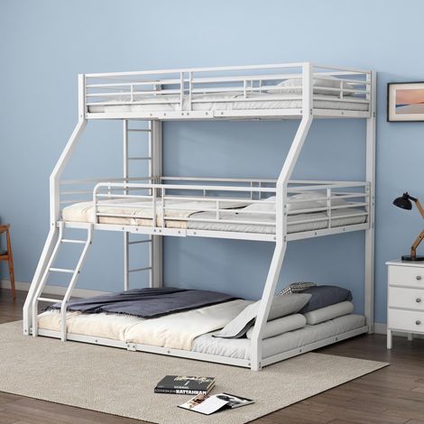 Lits superposés, 90x200cm, 120x200cm et 140x200cm, structure métallique, lit en fer, lit superposé triple, pour enfants, adolescents et adultes, sans matelas, blanc, garantie 2 ans
