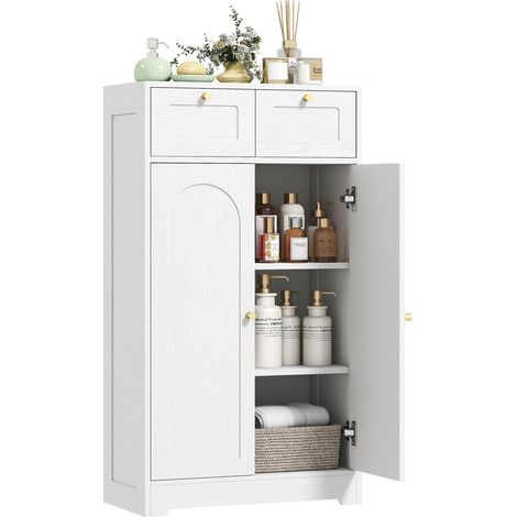 Meuble de salle de bain meuble de rangement avec 2 tiroirs double porte arquée étagères réglables 60x30x108cm blanc (1/5)