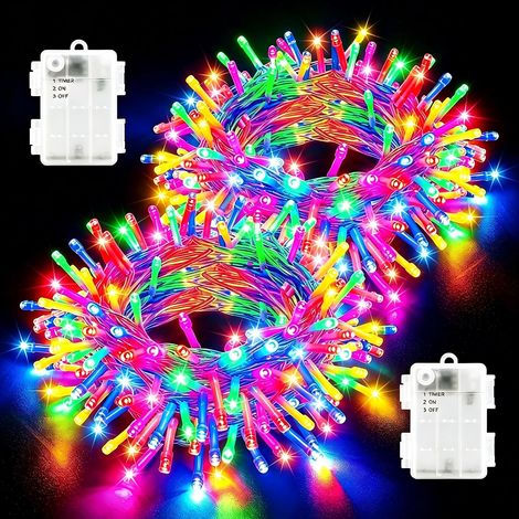 Guirlande lumineuse extérieur à piles, 2 pièces totalisant 10 m avec 100 LED multicolores pour Noël avec minuteur, étanche, guirlandes lumineuses pour sapin de Noël, chambre à coucher, jardin (1/5)
