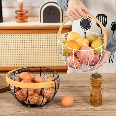 Panier à œufs en fil de fer de style campagnard avec poignée en bois, pour ramasser les œufs frais panier à œufs en métal de style vintage. (1/5)