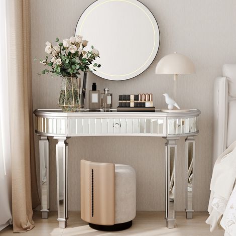 Table console miroir demilune 120 cm tiroirs avec poignées verre cannelé. Coiffeuse contemporain pour chambre et salon. (1/5)