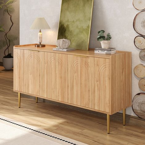 Buffet de cuisine 4 portes, meuble de rangement, étagères réglables, pieds métalliques, MDF, 140×38×75 cm– Bahut moderne, Naturelle (1/5)