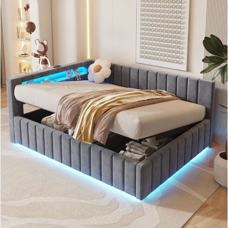 Lit rembourré 140x200 avec rangement hydraulique, LED, USB, velours gris (1/5)