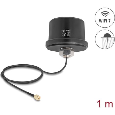Delock WiFi 7 Antena macho RP-SMA 3,1 - 3,5 dBi omnidireccional con cable de conexión ULA100 1 m montaje en el techo para exteriores negro (1/2)