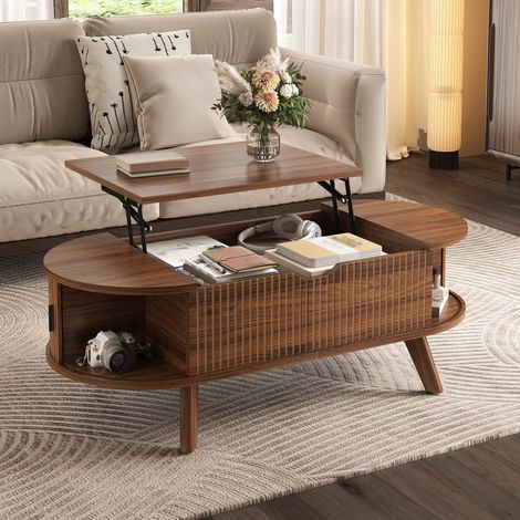 Table basse relevable ovale 110 x 50 cm, meuble de salon avec coffre caché et 2 portes coulissantes, pieds en bois massif, marron (1/5)