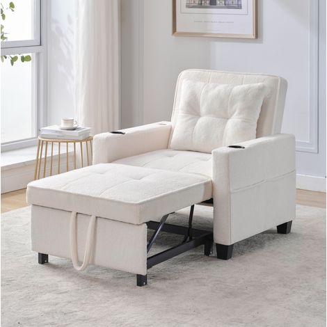 Fauteuil convertible 3-en-1 bois et métal blanc, dossier inclinable, lit d'appoint coulissant avec USB et porte-gobelets (1/5)