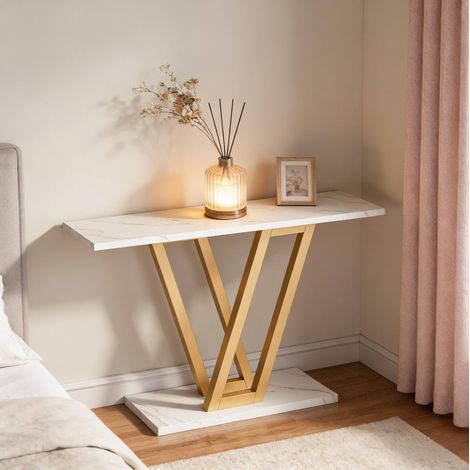 Console d'entrée 110 x 30 x 80 cm en MDF et métal, blanc et doré DESVIAE (1/5)
