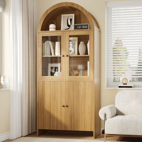 Buffet haut Vitrine Design Organique Arqué - 176 cm - 2 Portes en Verre et Portes à Relief Ondulé - Style Scandinave Naturel (1/5)