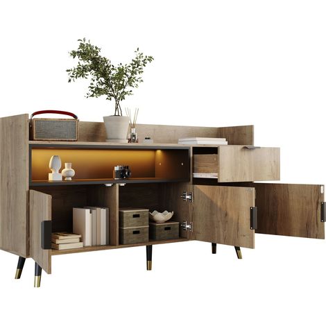 Aparador con 2 Puertas, 1 Cajón y Estante Abierto con LED para Salón y Comedor de Madera de Ingeniería 160×35×82 cm Natural