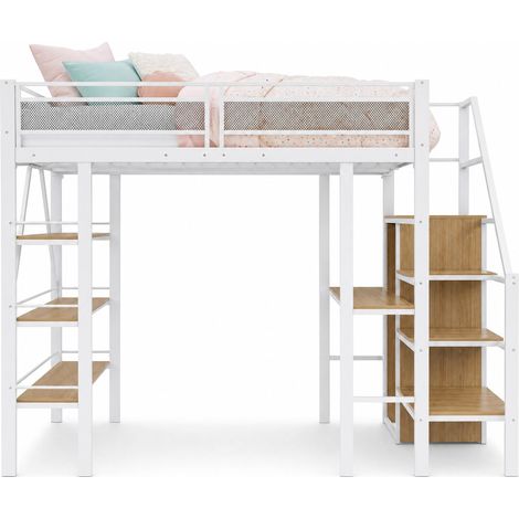 Lit mezzanine 140x200 avec bureau, armoire, étagères 3 niveaux et escalier de rangement réversible en métal blanc, garde-corps haut pour chambre  CHICFURN (1/5)
