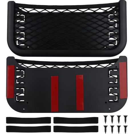 Bolsa de red de almacenamiento para coche (2 unidades), con tornillos y banda elástica, autoadhesiva, multifuncional, organizador para el respaldo del asiento. (1/5)