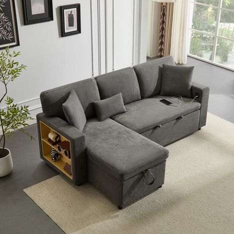 Divani angolare 4 posti 214x131x87 cm con vano contenitore aperto, Divani a L, trasformabile in Divani letti, con vano contenitore, tessuto, grigio scuro