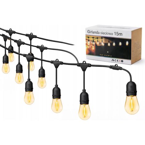 Lichterkette aus Netzstoff für Garten und Außenbereich, 15 m Kabel, 15 E27 LED-Lampen