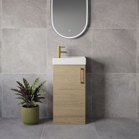 Napoli Cube Light Oak 400mm Single Door Vanity Unit with Align Basin - 400mm - Brushed Brass 160mm Handle