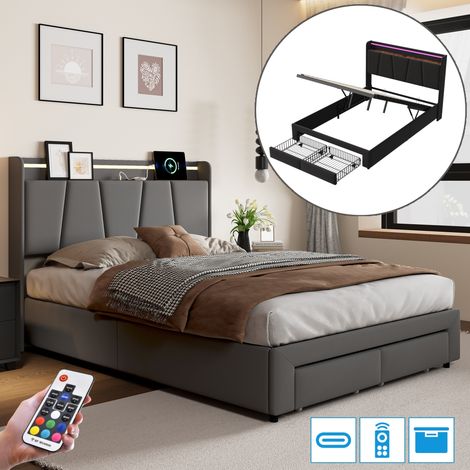 Stauraumbett 140x200 cm, Doppelbett mit verstecktem Stauraum im Kopfteil, 2 Fußteilschubladen, LED und USB-Anschlüssen, Holzlattenrost, Metallrahmen, Polsterbett aus Leinen - Grau