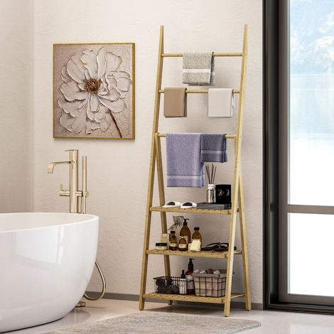 Étagère salle de bain en bambou pliable 3 niveaux étagère à échelle porte-serviettes 53,5x30x153cm effet bois naturel