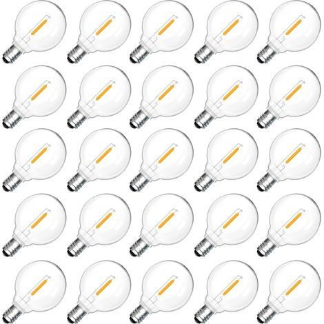 Packung mit 25 G40 E12 1W LED-Ersatzlampen, 1W = 7W Glühlampe, Warmweiß 2700K, 230V, 100LM, IP54 wasserdicht, nicht dimmbar, G40 Kugel-E12-Filament-LED-Lampen für Hochzeiten, Terrassen und Partys