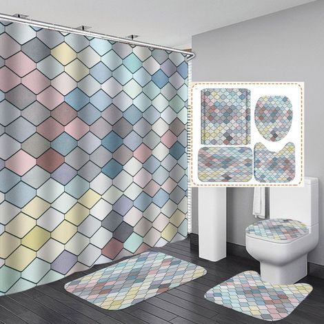 Set rideau de douche + tapis de bain assortis pour salle de bain (1/4)