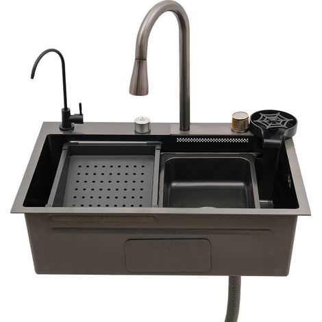Einbauspüle Küchenspüle LED Spülbecken Schwarz Edelstahl 45x68 Küchenarmatur Set