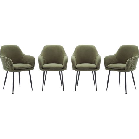 Sweeek – Lot de 4 fauteuils en velours côtelé kaki foncé – Coussin d'assise déhoussable – Pieds en métal noir mat – Dimensions L 57 x P 59 x H 84,5cm